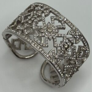 Suzanne Somers Rhinestone Cuff Silver Tone Hinged Bracelet